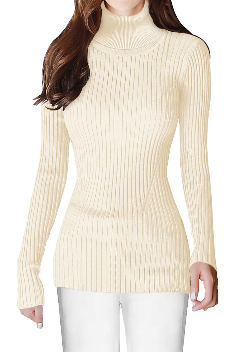 v28 Women Stretchable Turtleneck Knit Long Sleeve Slim Fit Sweater (L,Ivory) - Image 3